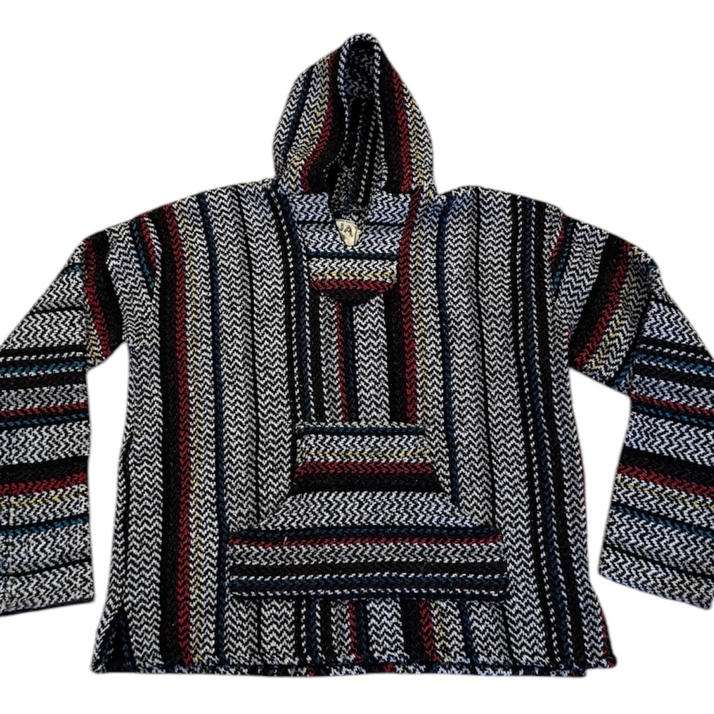 Baja Joe Drug Rug Striped Hoodie Sweatshirt Mexican Black Red M Rasta Hippie